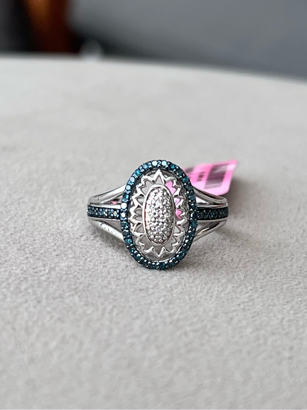 Sterling Silver Oval Natural Blue Diamond Halo Ring Size 7